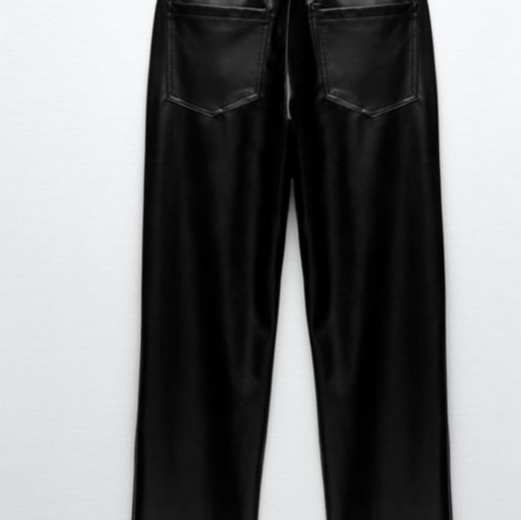 Zara pants leather faux  straight leg black womens high waisted 5 Pockets zip - Picture 4 of 16